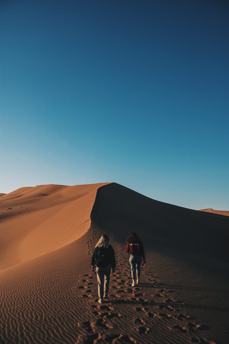two women walking on desert,about us