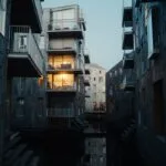 Buildings with lit windows reflect in dark water.