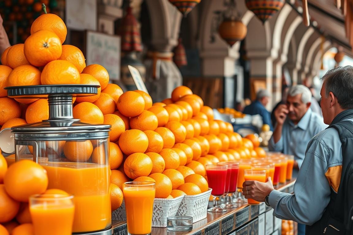 Fresh juice stands are a refreshing stop during hot Moroccan days