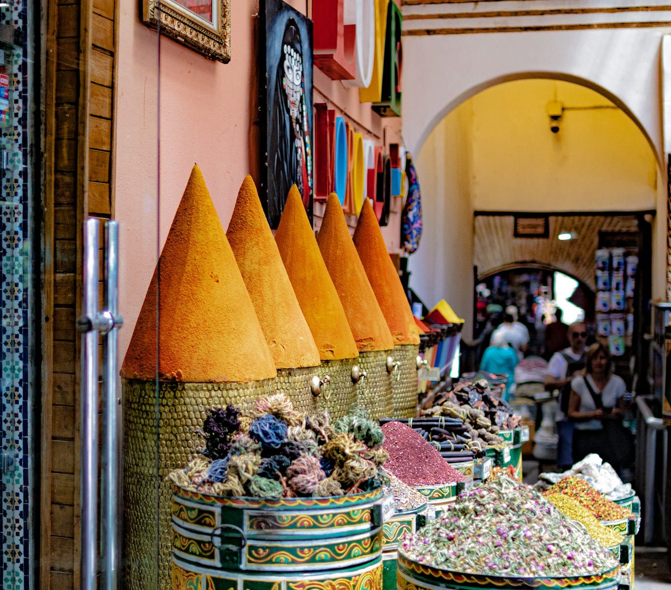a group of baskets filled with lots of food,SOUKS OF MARRAKECH