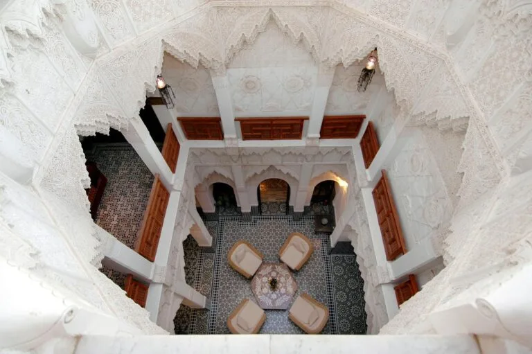 Stunning high-angle view of a traditional Moroccan riad courtyard in Marrakech, showcasing intricate architecture.What Is a Riad in Morocco?.what are riads in morocco