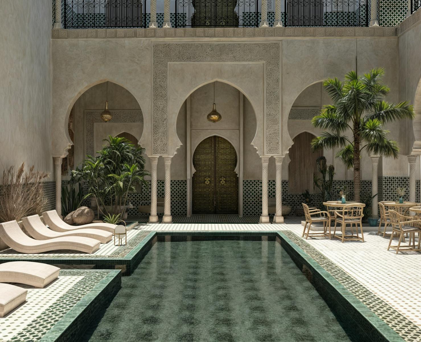 Stunning Moroccan riad features a serene pool and traditional décor in Marrakech.moroccan riad