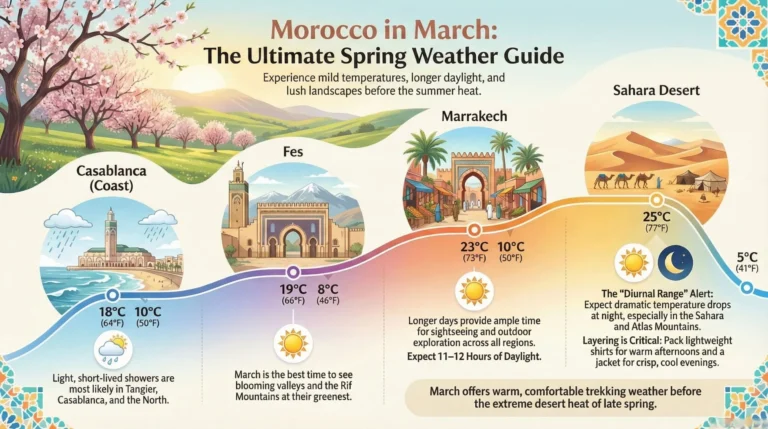 Create an infographic showing the weather forecast in Morocco for March. Include daily or weekly average temperatures (highs and lows) for major regions: Marrakech, Casablanca, Fes, and the Sahara Desert. Use a clear visual style with: Temperature changes represented on a line graph or color gradient Icons for sunny, cloudy, and rainy days Labels for each city A clean, family-friendly design suitable for a travel website Morocco in March Weather