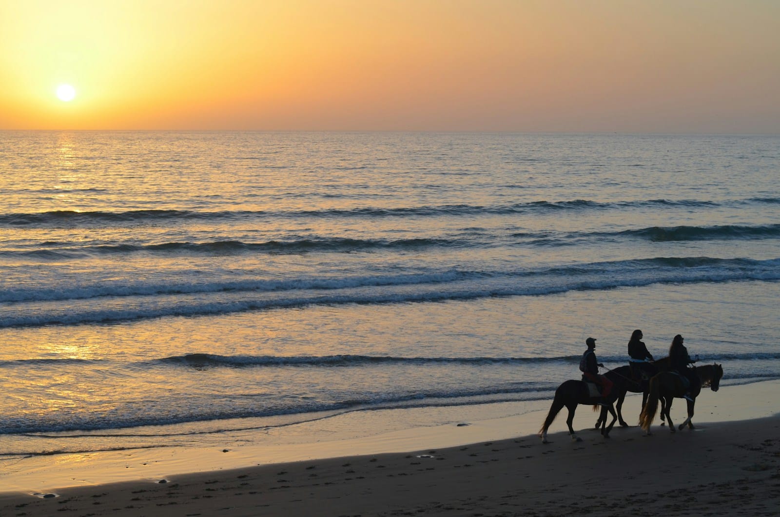 two people riding horses on the beach at sunset.Agadir or Essaouira