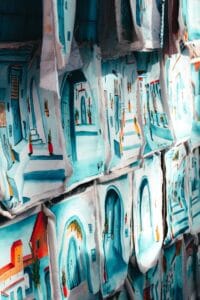 white blue and red graffiti.Marokko Blauwestad