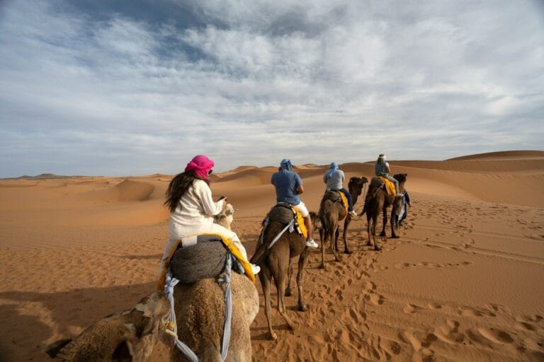 People ride camels across a desert landscape.What to Wear in Morocco as a Man