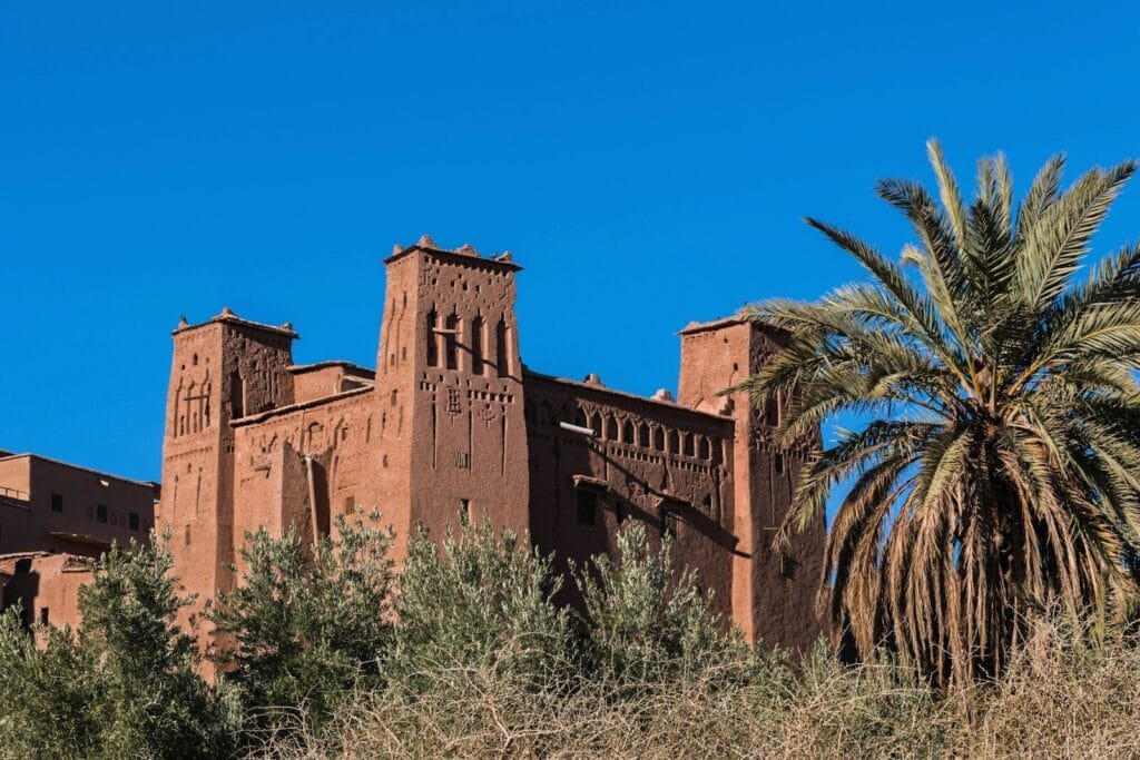 a tall building with a palm tree in front of it.Ouarzazate Skoura
