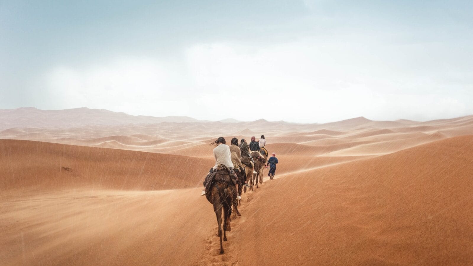 people riding camel on sand under cloudy sky at daytime.best time of year to visit Morocco