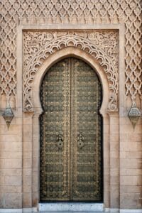 gray wooden door.weather for Morocco in March