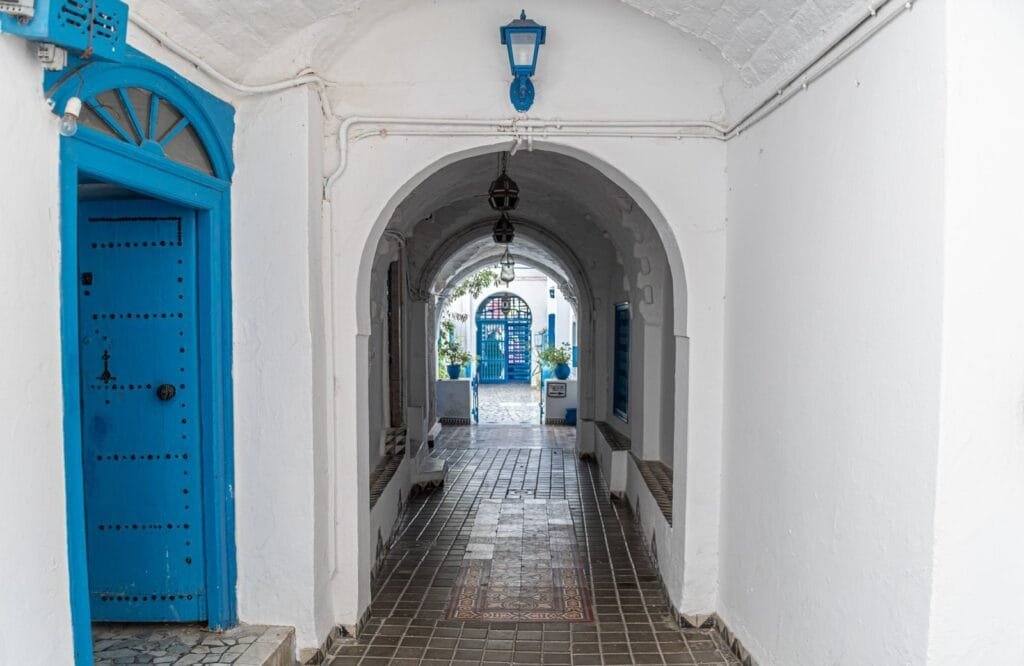 An elegant archway interior in Carthage showcasing traditional Tunisian architecture with vibrant blue accents.