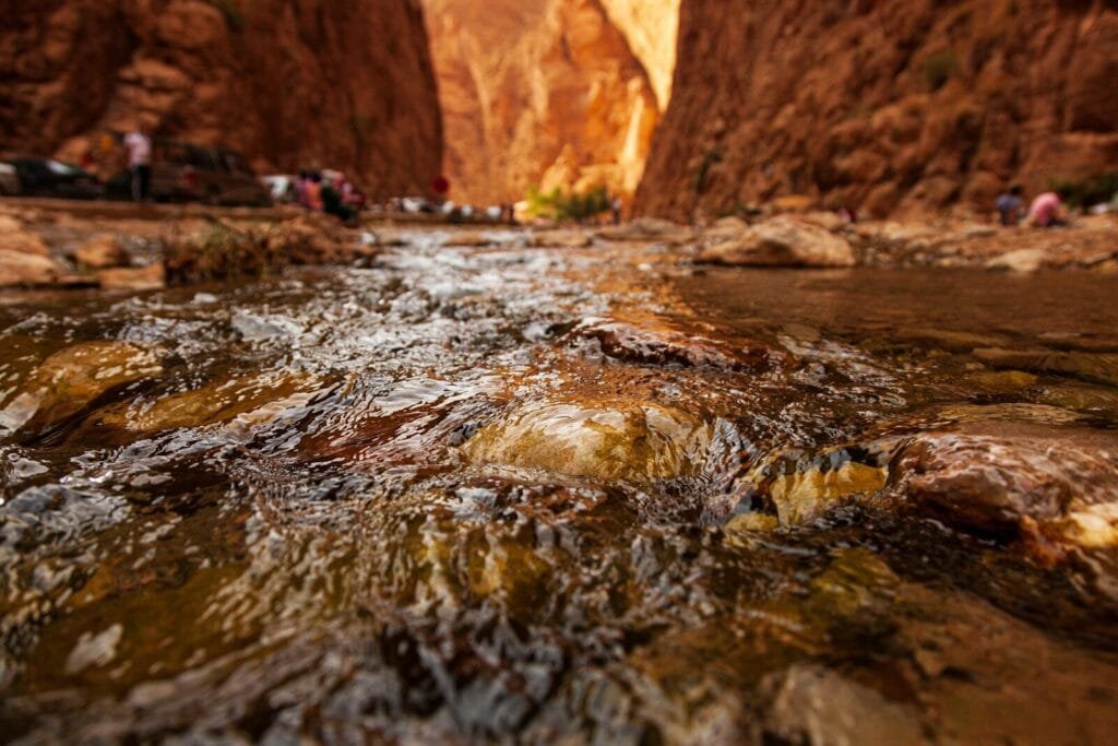 a group of people standing in a canyon next to a river.Tinghir Morocco
