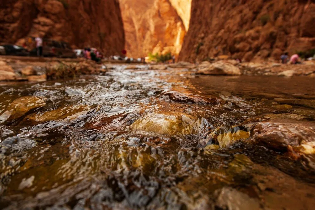 a group of people standing in a canyon next to a river.Tinghir Morocco