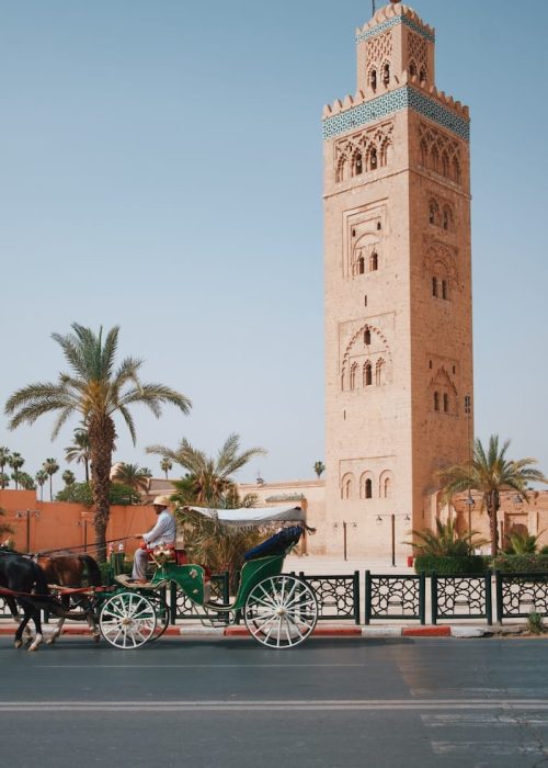 a horse drawn carriage in front of a tall tower