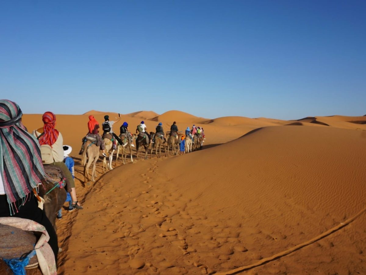 people walking on desert during daytime,7 days tour from Tangier to Marrakech