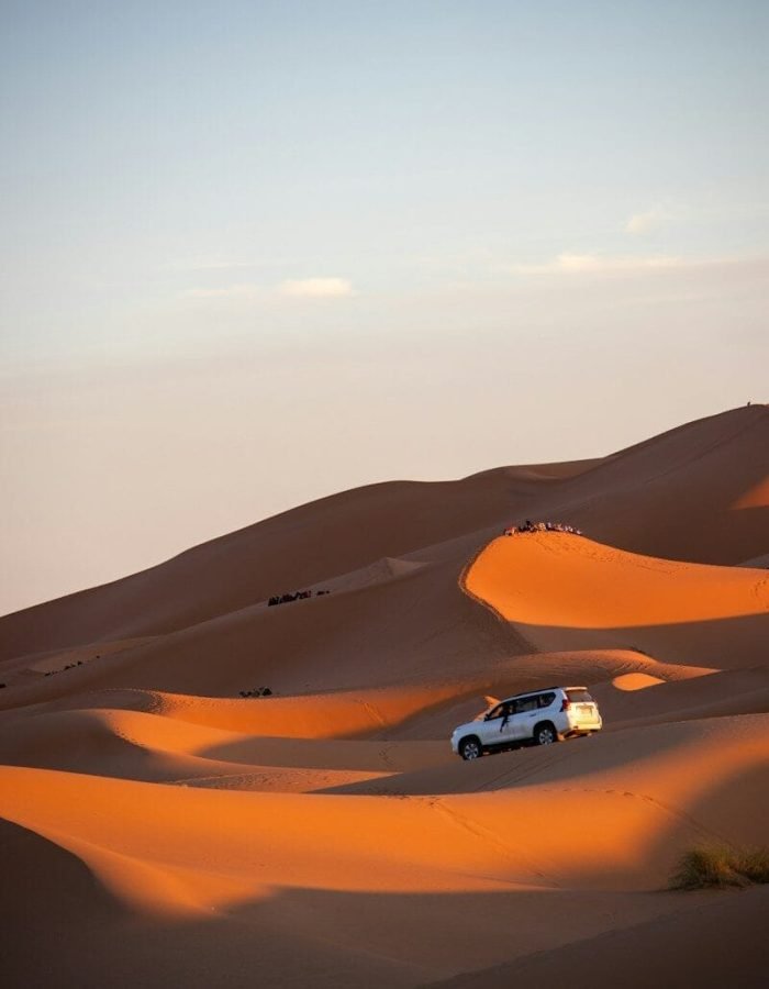 A car driving through the desert with sand dunes in the background