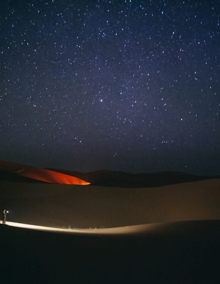 a person standing in the middle of a desert at night